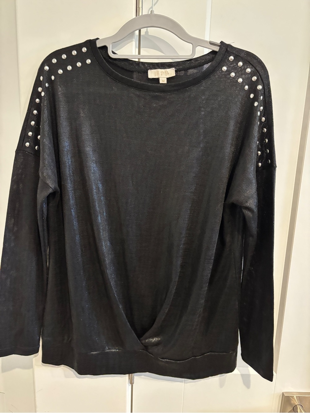 Black Metallic Studded Shoulder Long-Sleeve Top. Size M